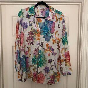 Soft Surroundings White Button-Down Shirt with Multicolor Floral Print